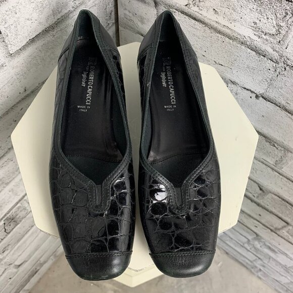 Vintage Roberto Capucci Croc Embossed Black Patent Leather Square Toe Loafer - Picture 1 of 10